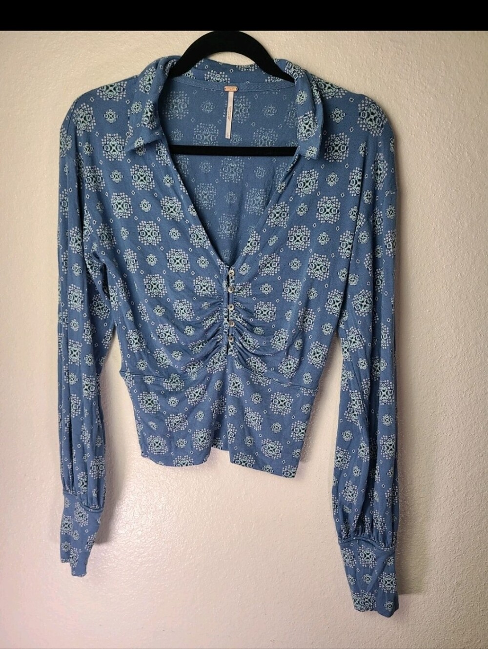 Free People Light Blue Floral Ruched Long-Sleeve Top